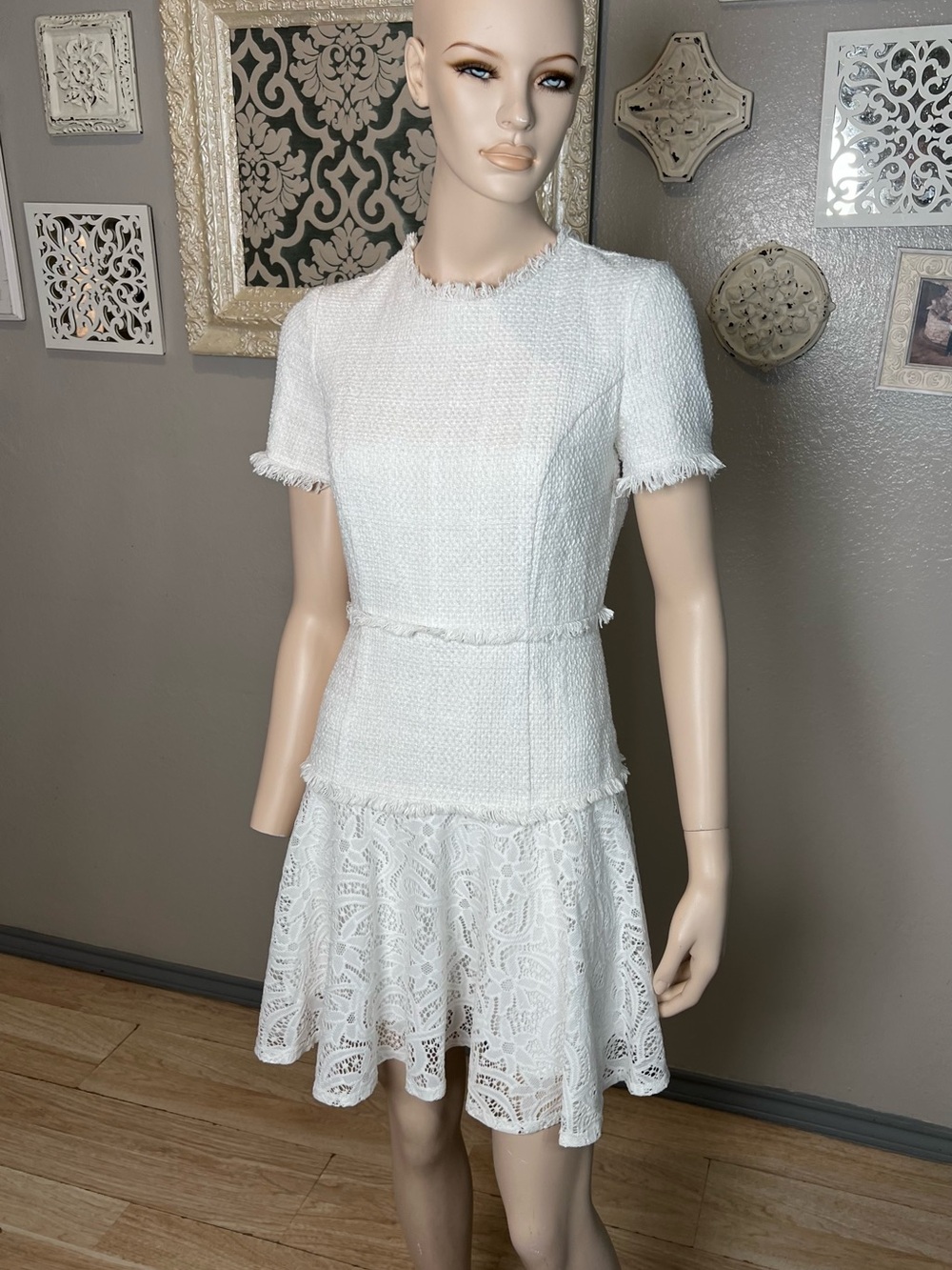 Classic White Tweed and Lace Dress